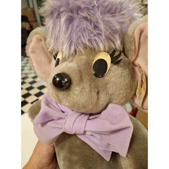 80s Disney Bianca Gray Plush Mouse Stuffed Purple Bow 16" Vintage Made in Korea - Picture 15 of 16